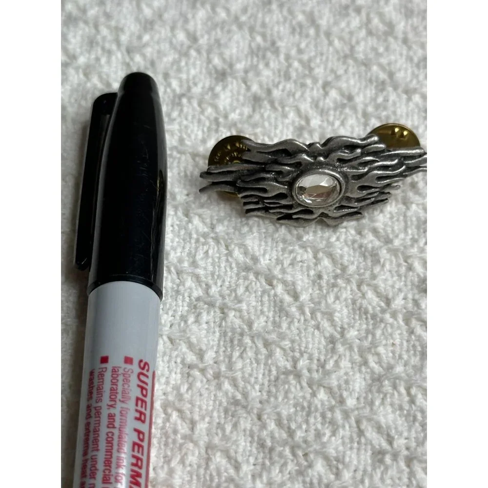 Flaming Sunburst Silver Tone Lapel Pin With Clear Gem Dual Clutches Motorcycle - Picture 4 of 6